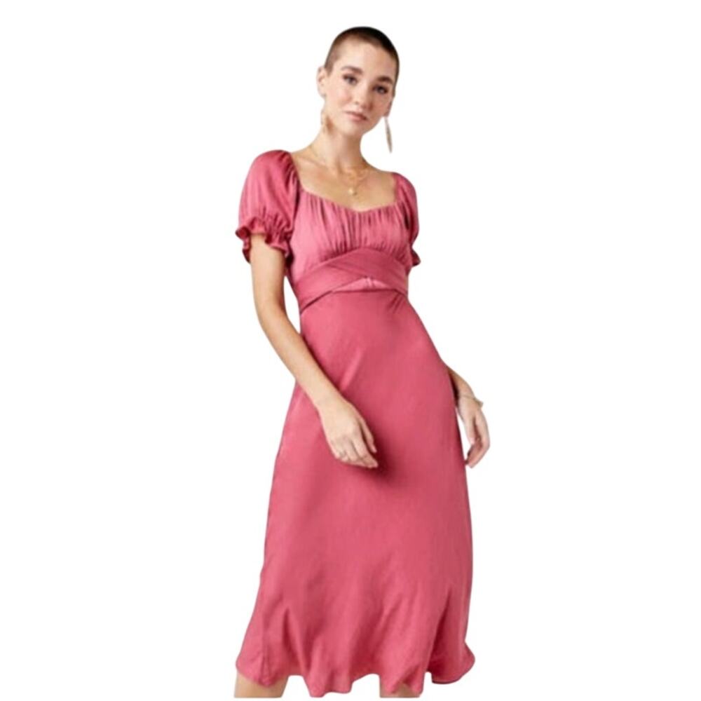 Trixxi NWT Kira Pink Satin Sweetheart Short Puff Sleeve Light Midi Dress Medium